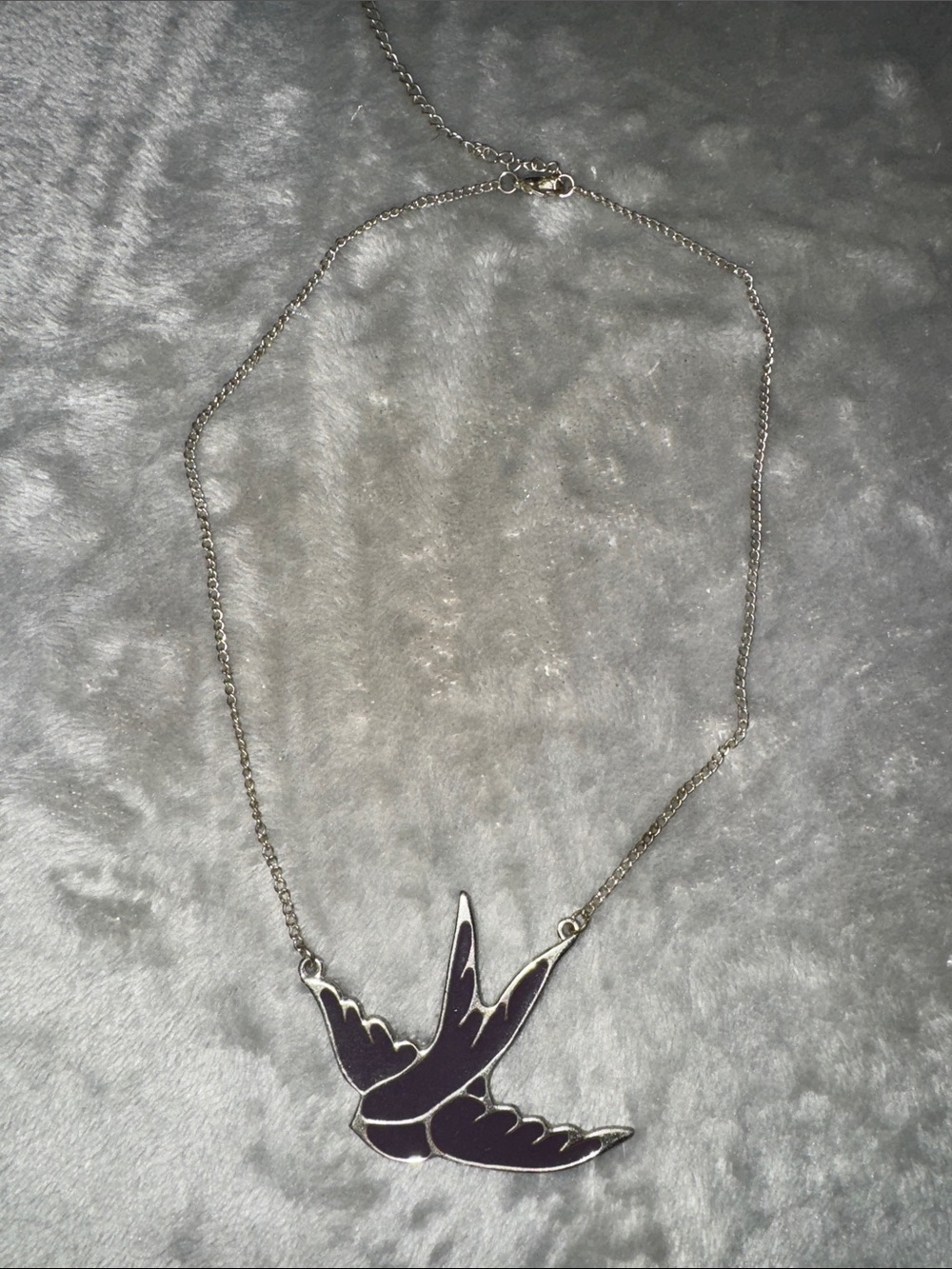 Silver Chain Necklace with Dark Purple Bird Pendant